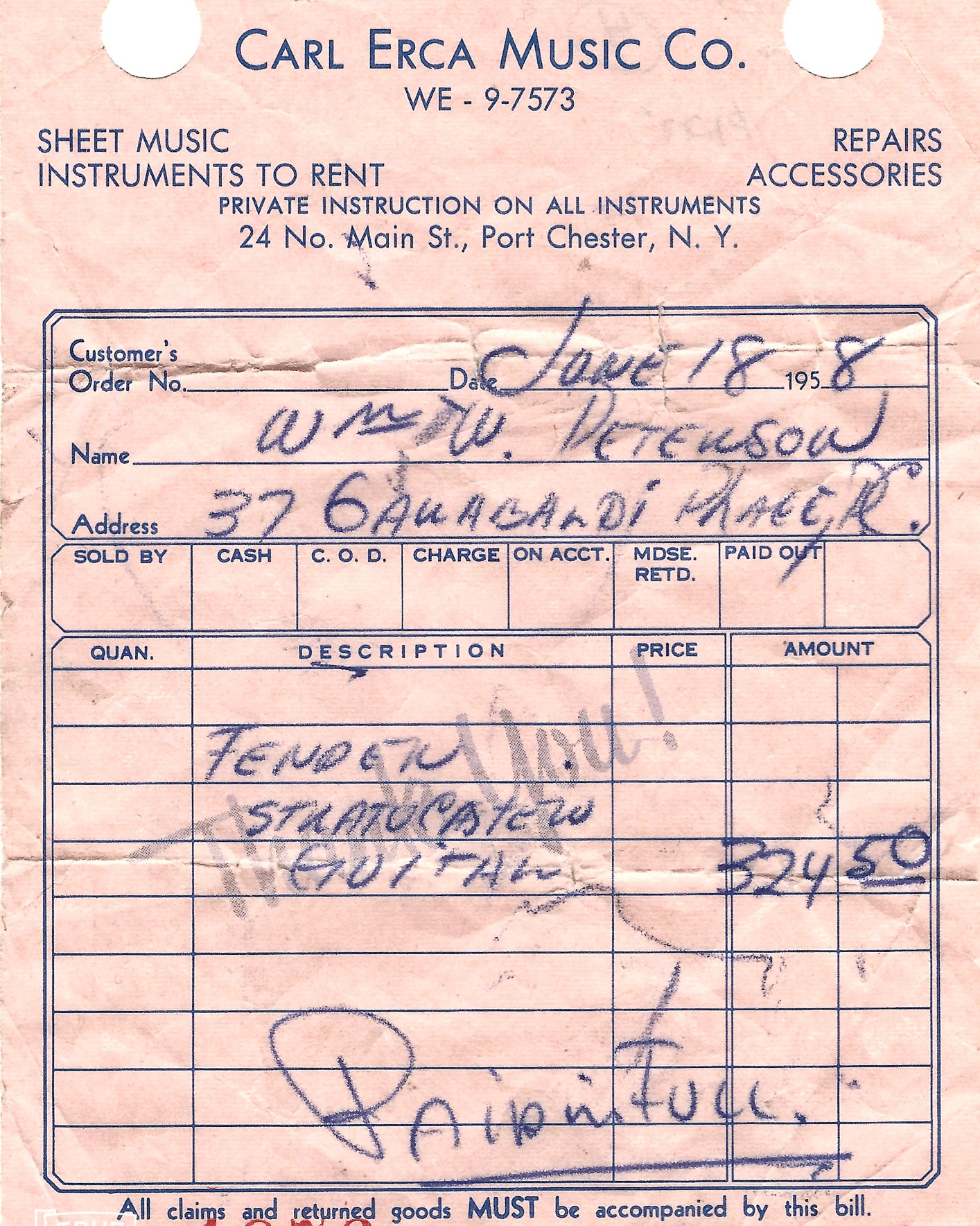 Fender Stratocaster 1958 original receipt