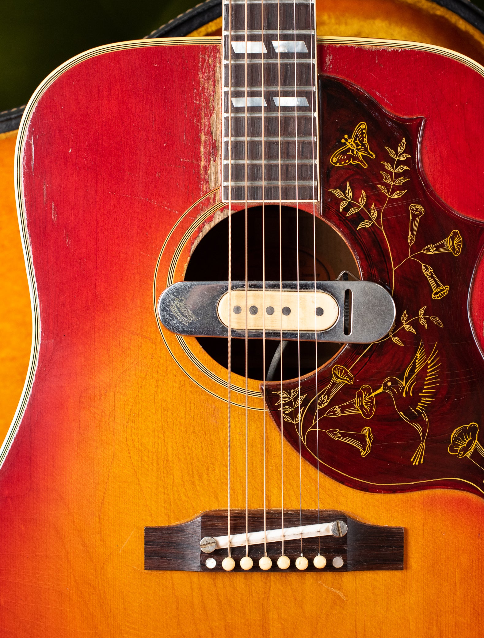 DeArmond soundhole pickup, vintage Gibson hummingbird guitar