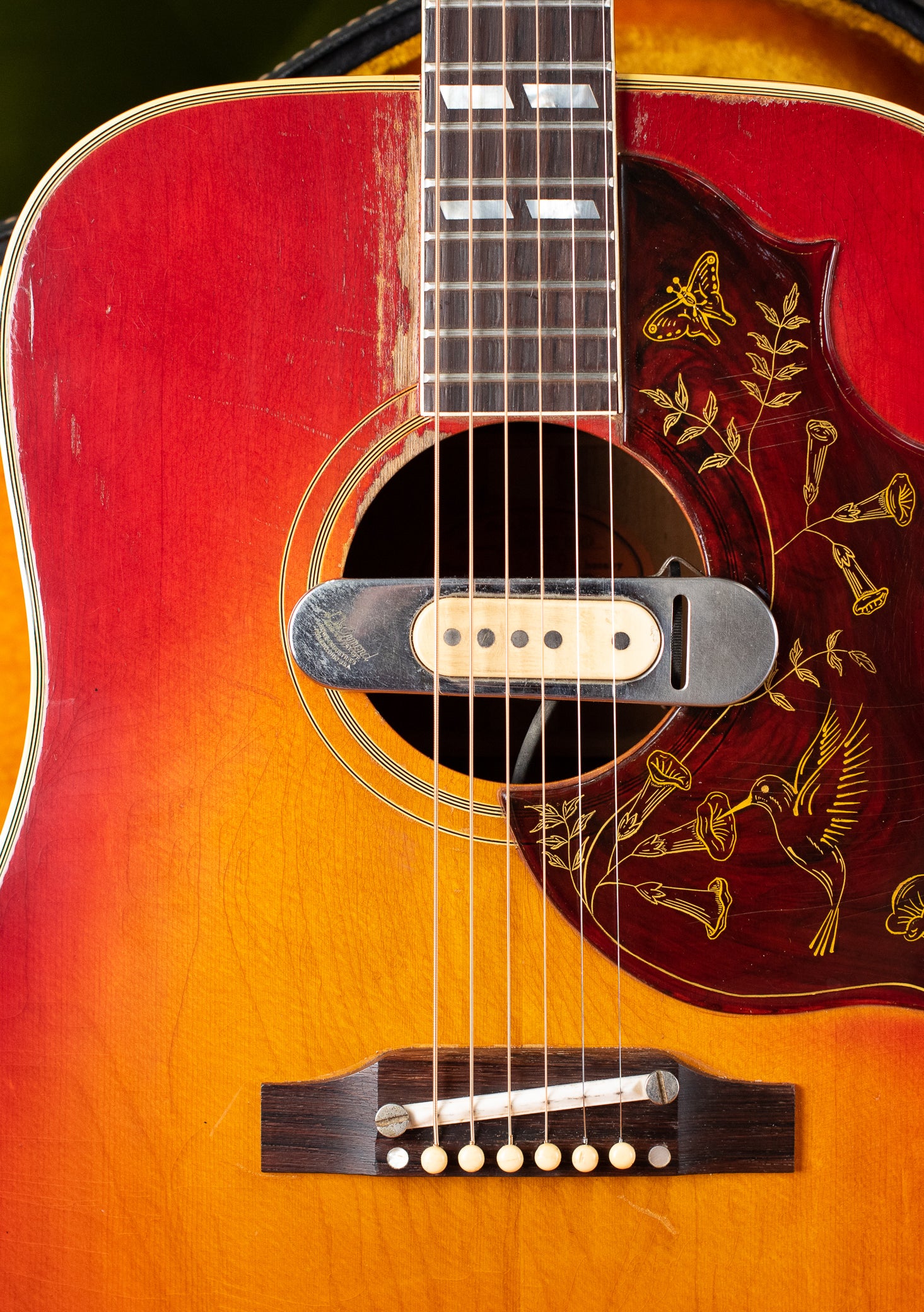 DeArmond soundhole pickup, vintage Gibson hummingbird guitar