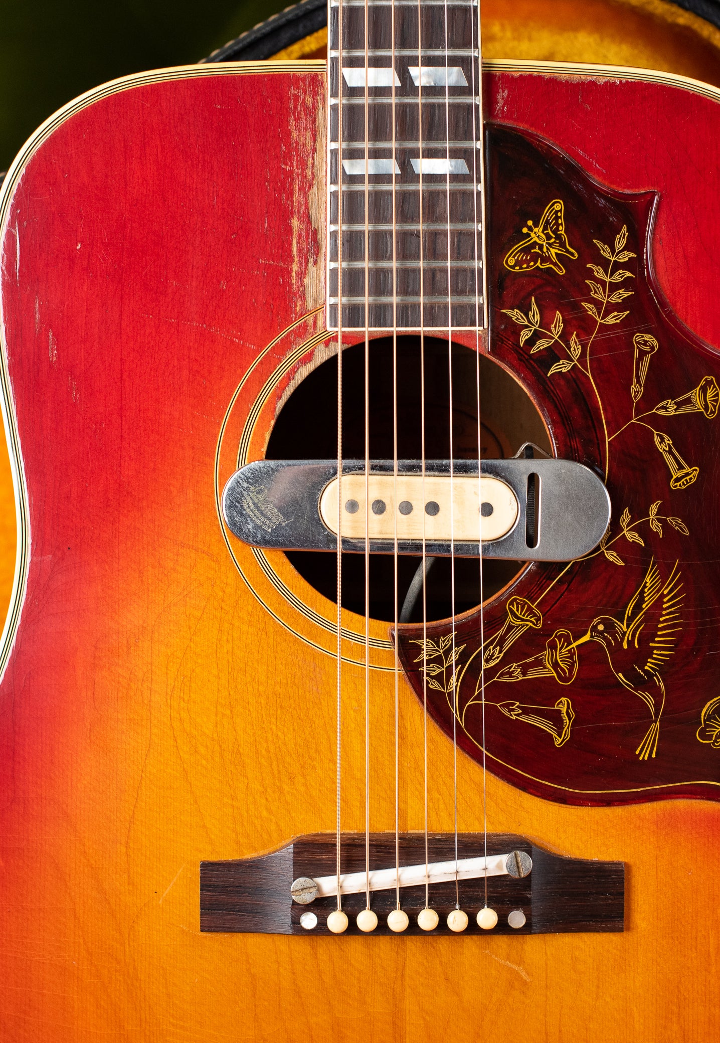 DeArmond soundhole pickup, vintage Gibson hummingbird guitar