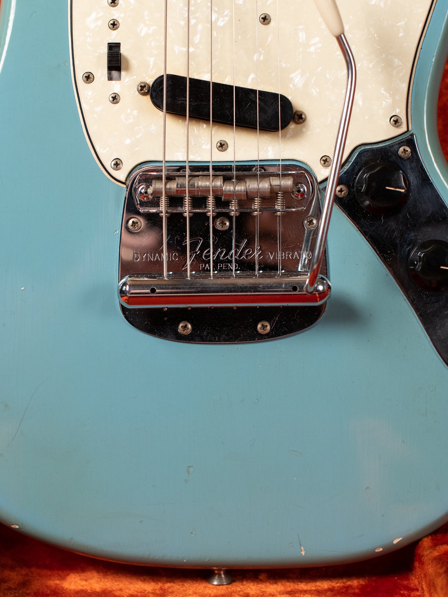 Bridge, tremolo tailpiece, Vintage 1966 Fender Mustang Blue