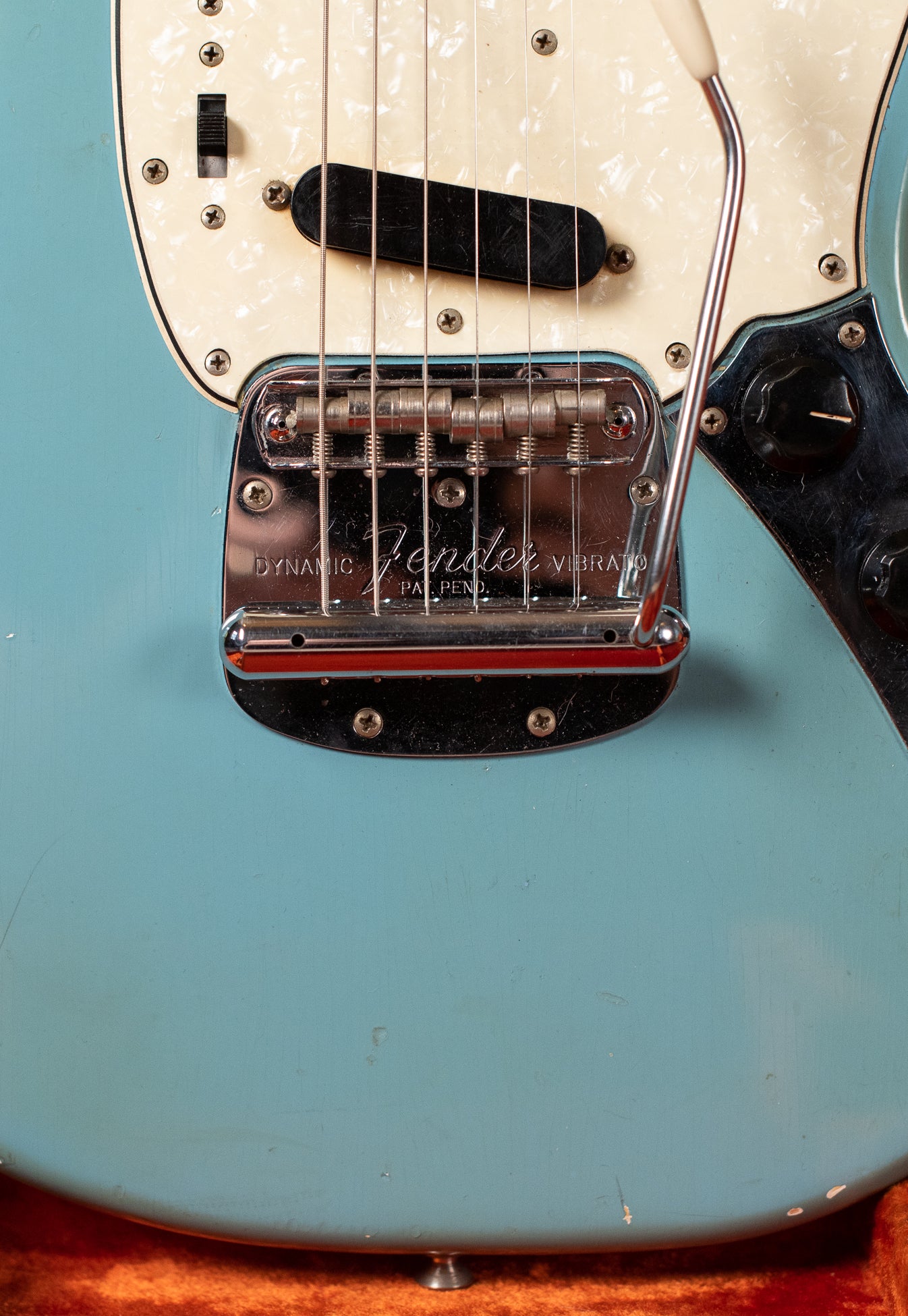 Bridge, tremolo tailpiece, Vintage 1966 Fender Mustang Blue