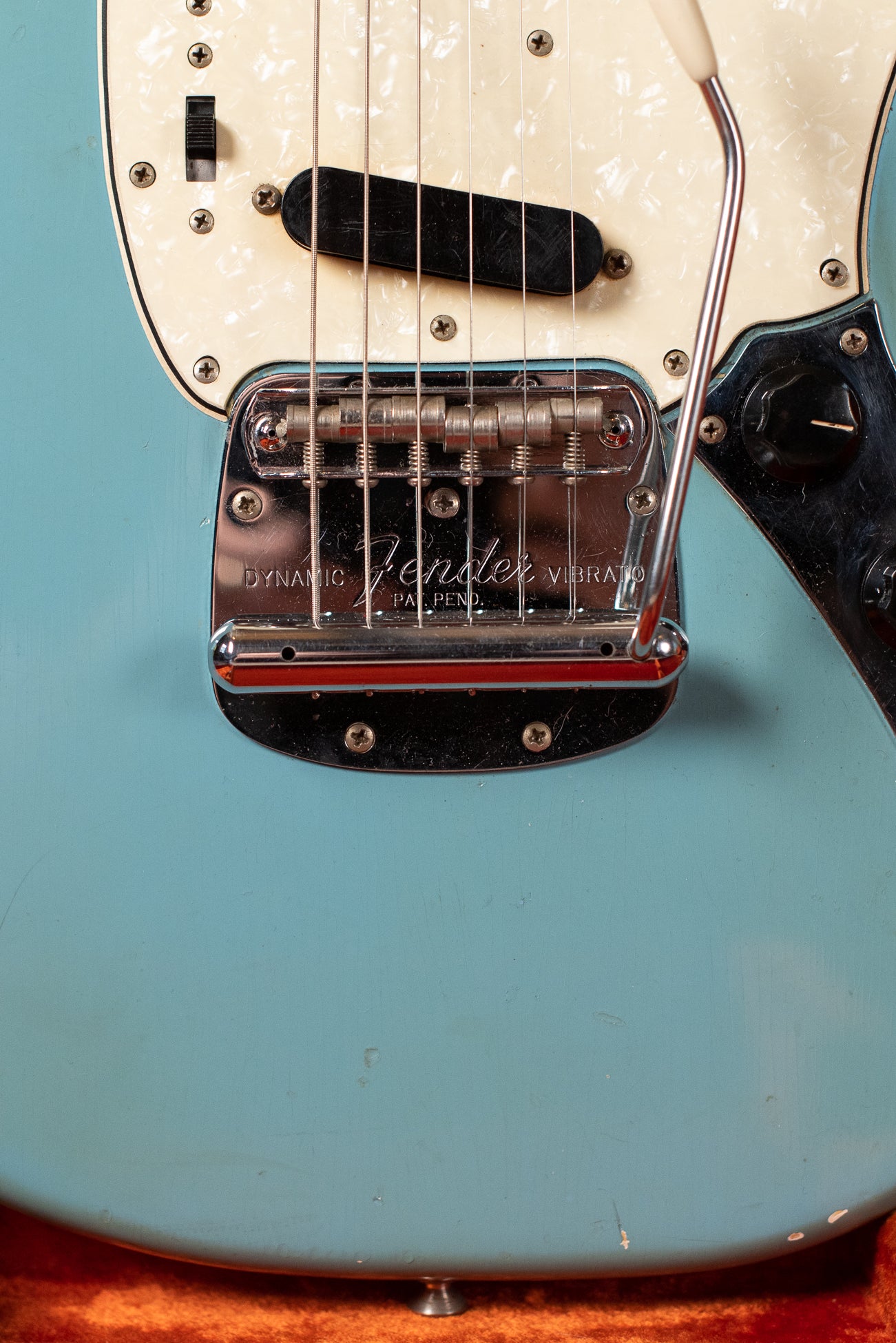 Bridge, tremolo tailpiece, Vintage 1966 Fender Mustang Blue