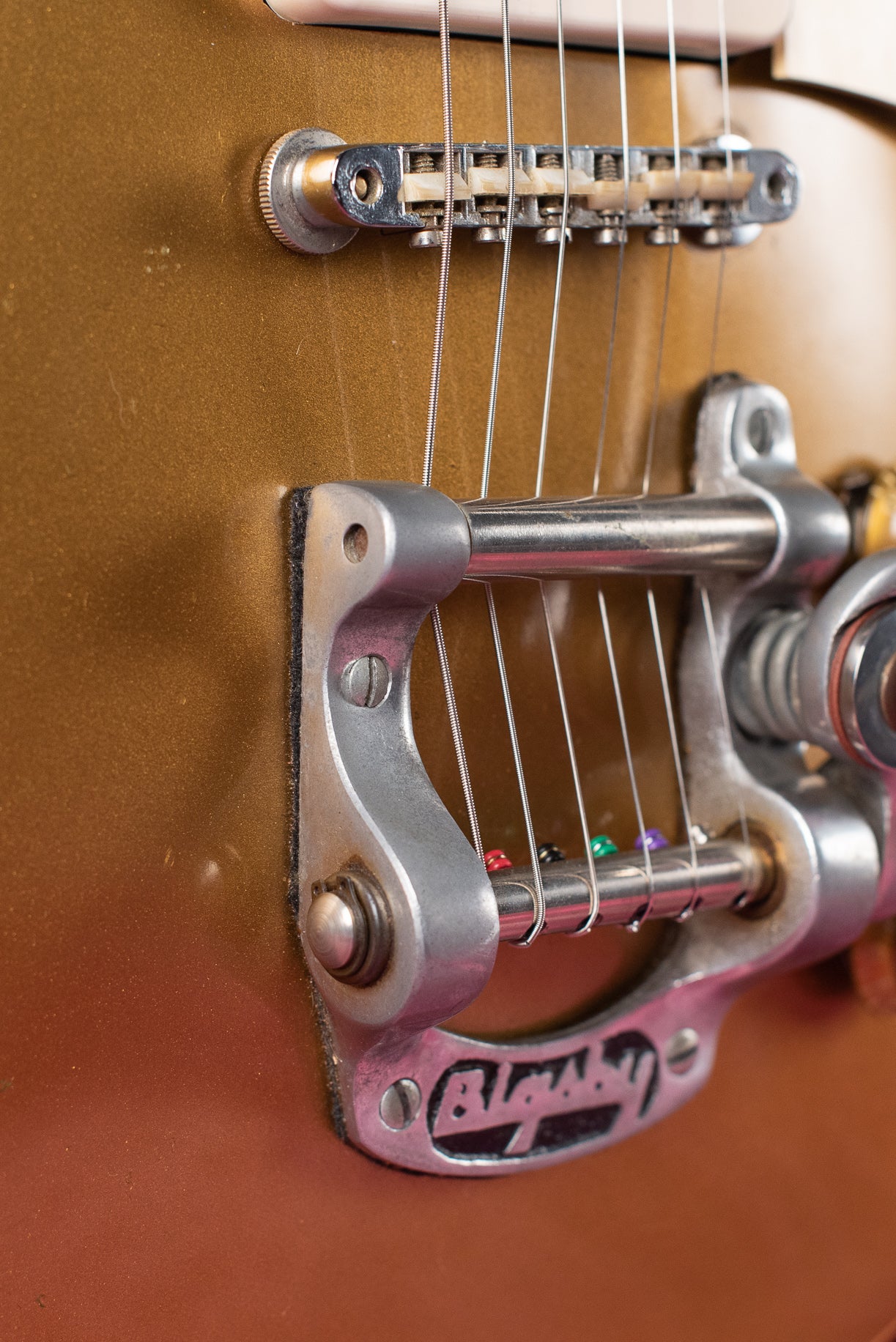 Late 1960s Bigsby B5 tailpiece, Vintage 1955 Gibson Les Paul Model Goldtop factory refinish update 1969