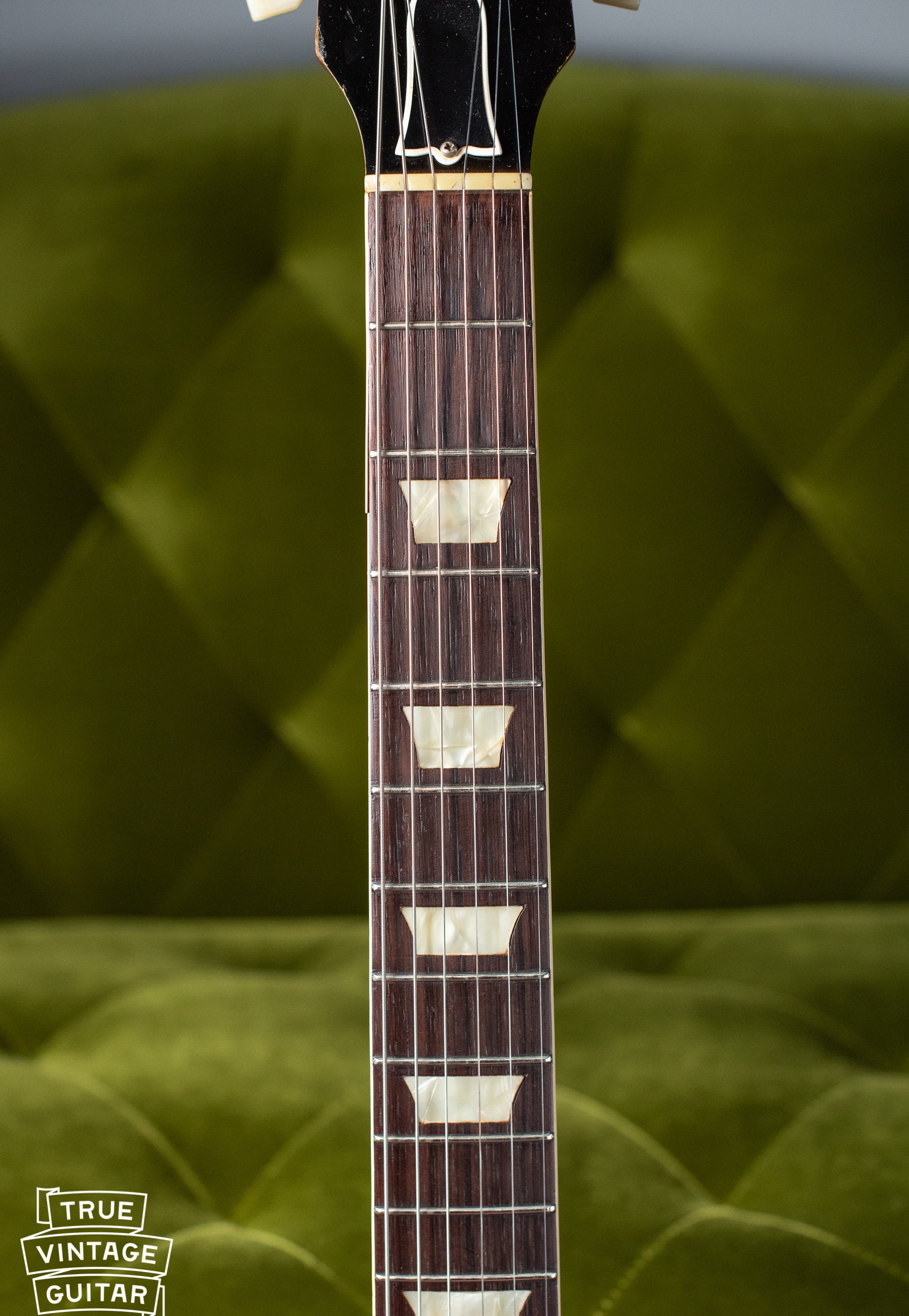 Trapezoid fretboard inlays, Vintage 1955 Gibson Les Paul Model Goldtop factory refinish update 1969