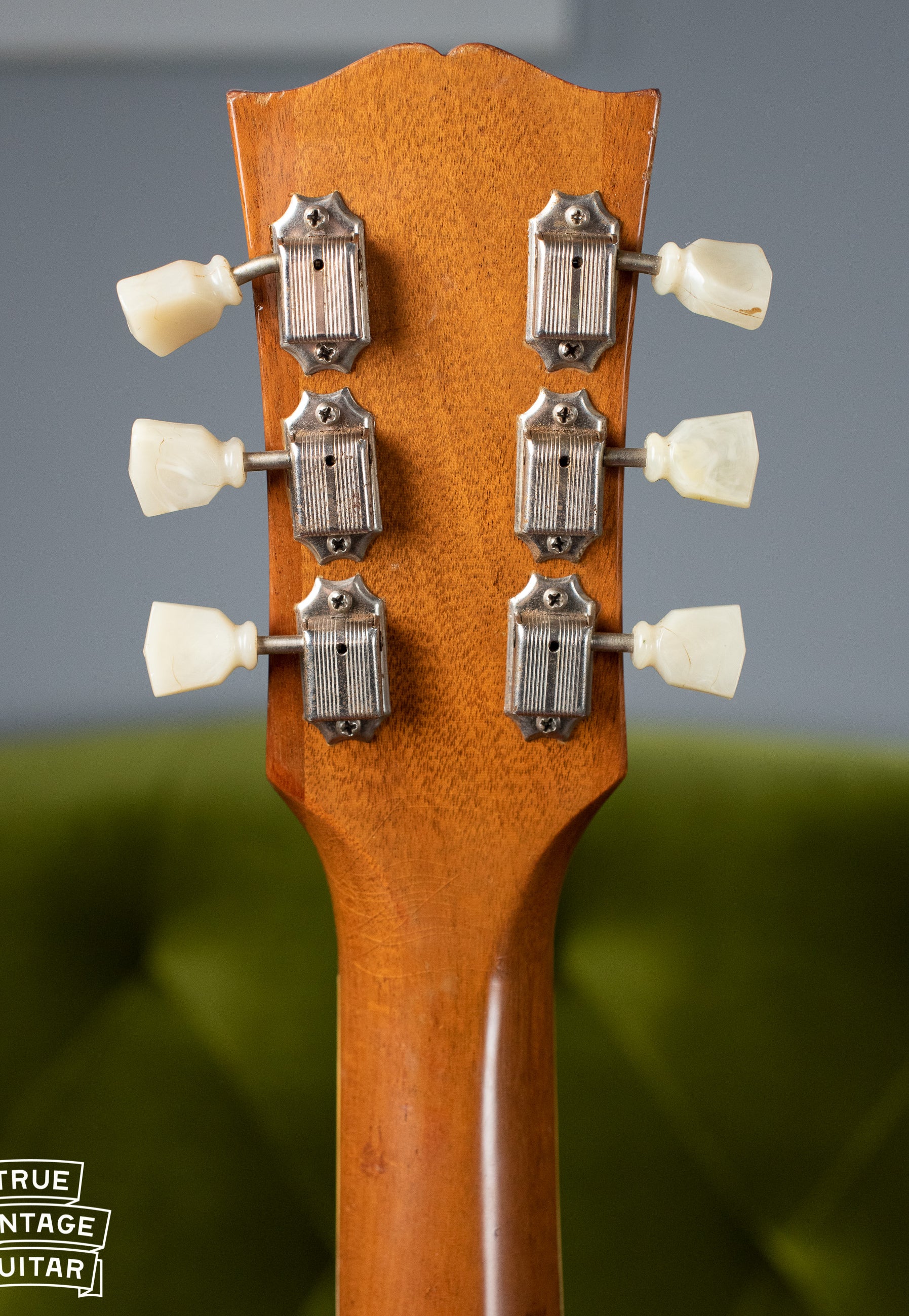 No line Kluson tuners, back of headstock, Vintage 1955 Gibson Les Paul Model Goldtop factory refinish update 1969