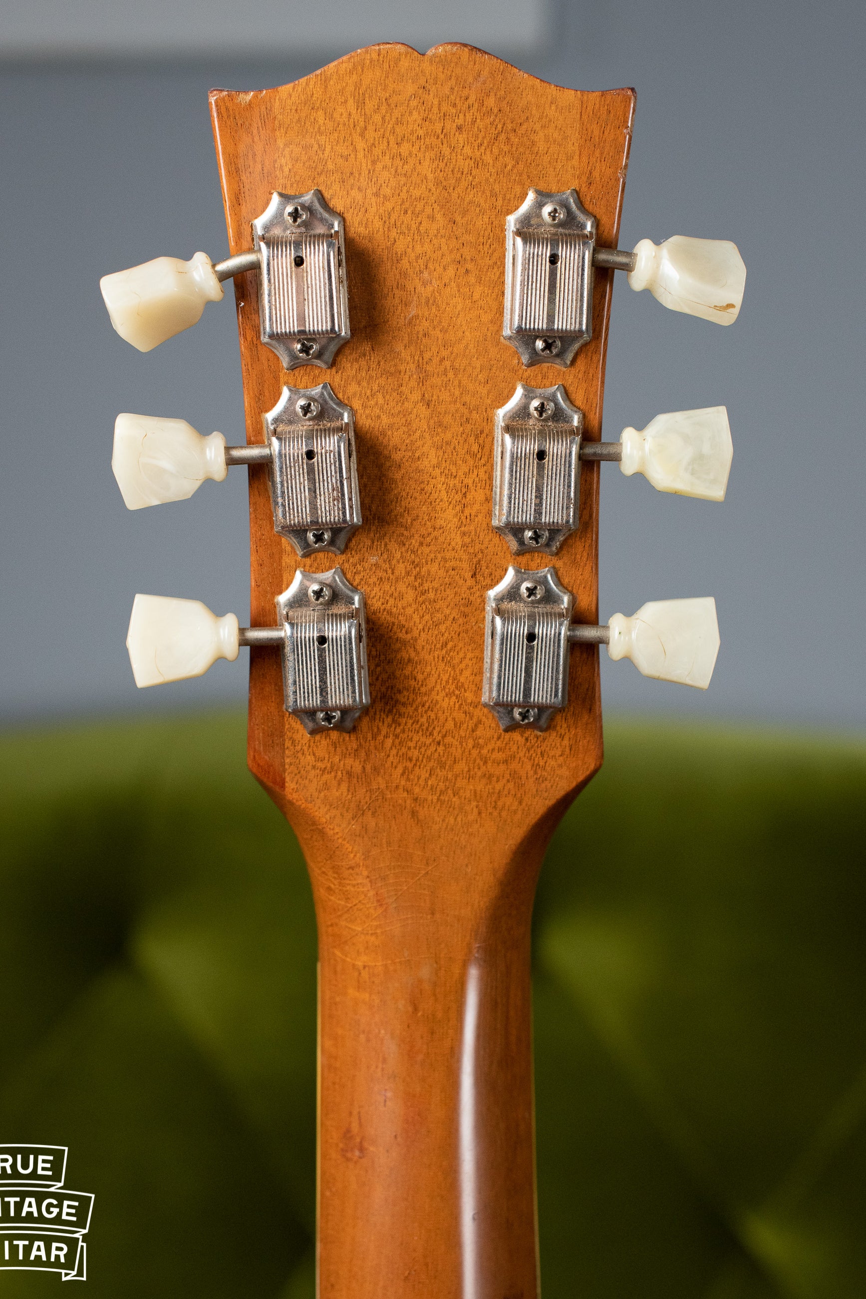 No line Kluson tuners, back of headstock, Vintage 1955 Gibson Les Paul Model Goldtop factory refinish update 1969