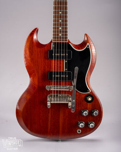 1962 Gibson SG Special Cherry front of body, fretboard, p90 pickups, bridge, tremolo, controls