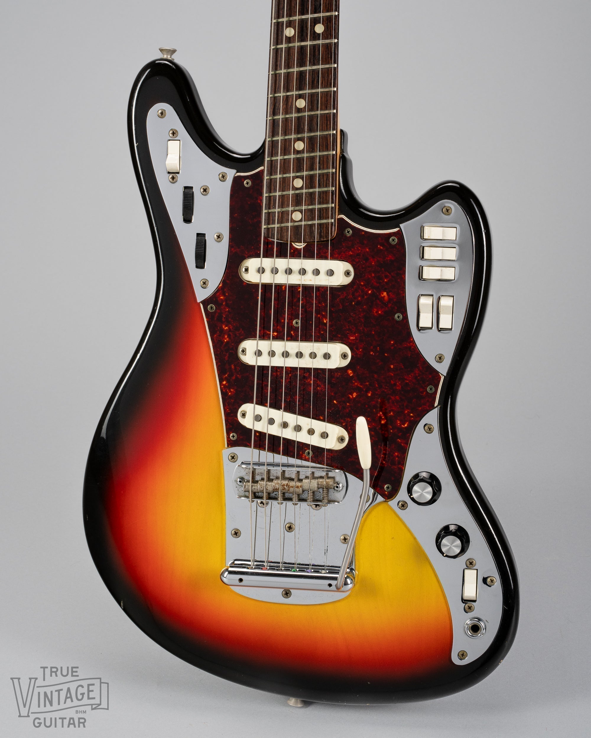 1966 Fender Marauder field test prototype guitar in Sunburst finish with slant frets. This image shows a real original vintage example of the type II Marauder.