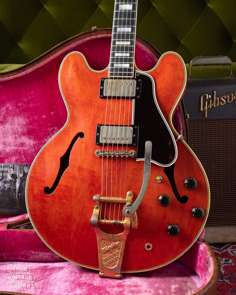 1959 Gibson ES-355 T guitar with faded watermelon red color, Bigbsy tailpiece, and mono output