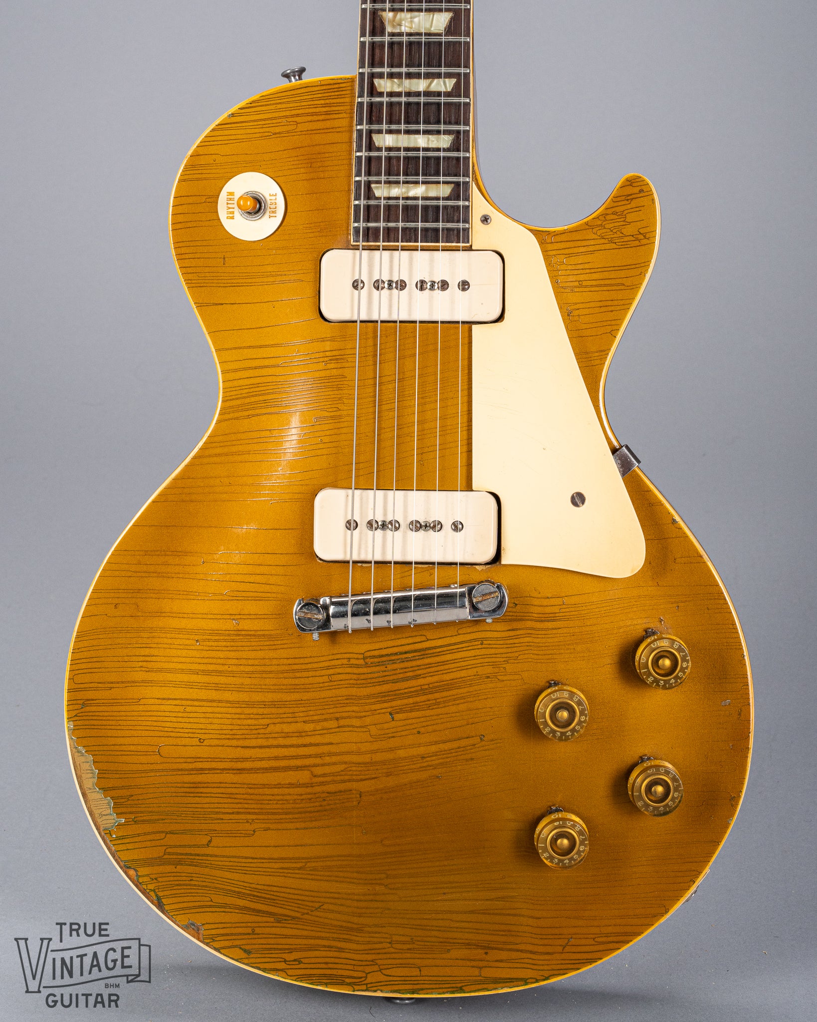 Front of 1954 Gibson Les Paul Goldtop guitar body finish checking p90 pickups 