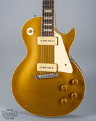 front of 1954 Gibson Les Paul Standard Goldtop guitar body p90 pickups checking  switch tip fretboard inlays binding