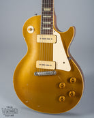 front of 1954 Gibson Les Paul Standard Goldtop guitar body p90 pickups checking  switch tip fretboard inlays binding