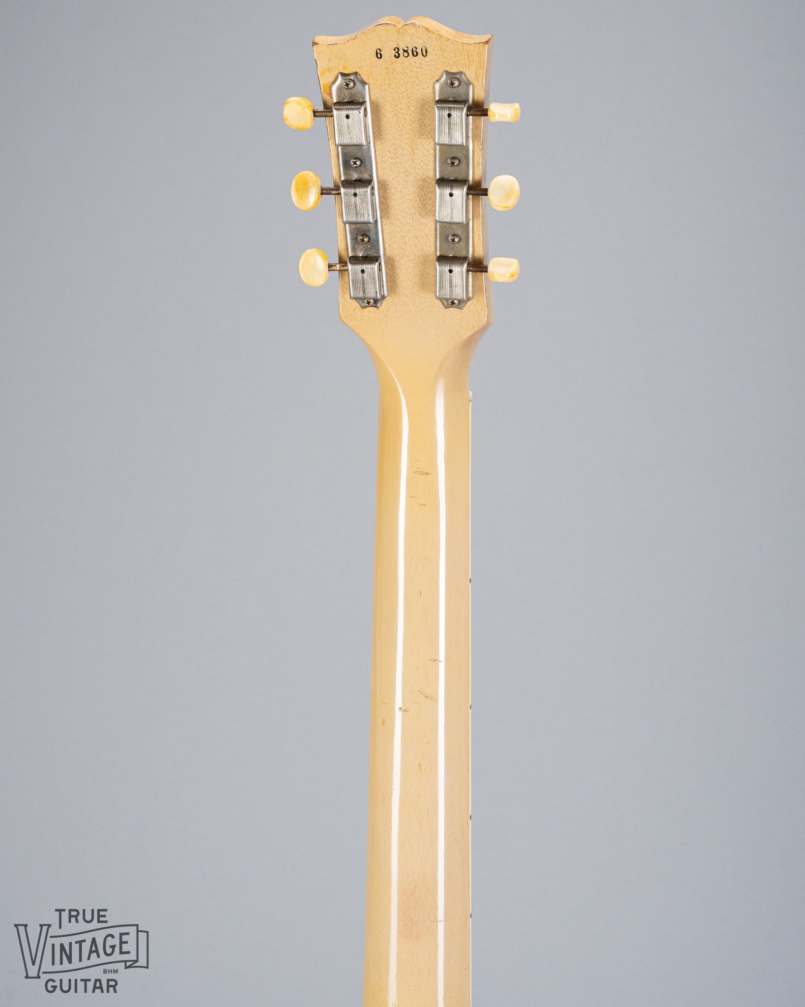 Back of 1956 Gibson Les Paul Special TV Yellow guitar neck, headstock, serial number, tuning machines