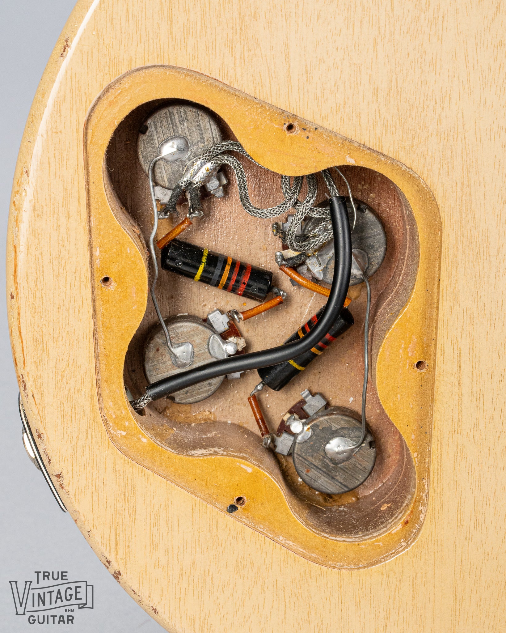 1956 Gibson Les Paul Special TV Yellow guitar control cavity, pots, wiring, electronics 