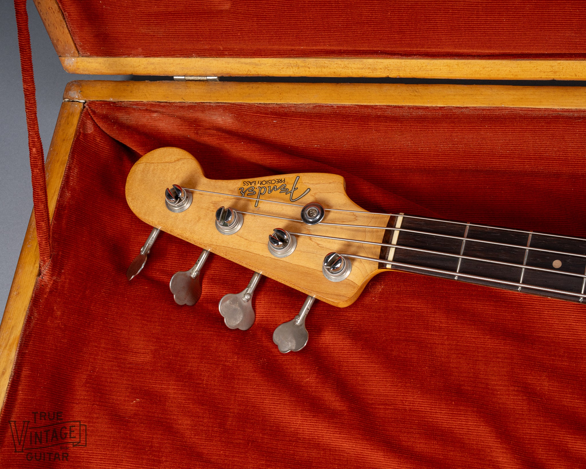 front of 1959 Fender Precision Bass P Bass Sunburst neck and headstock in custom case logo tuning machines