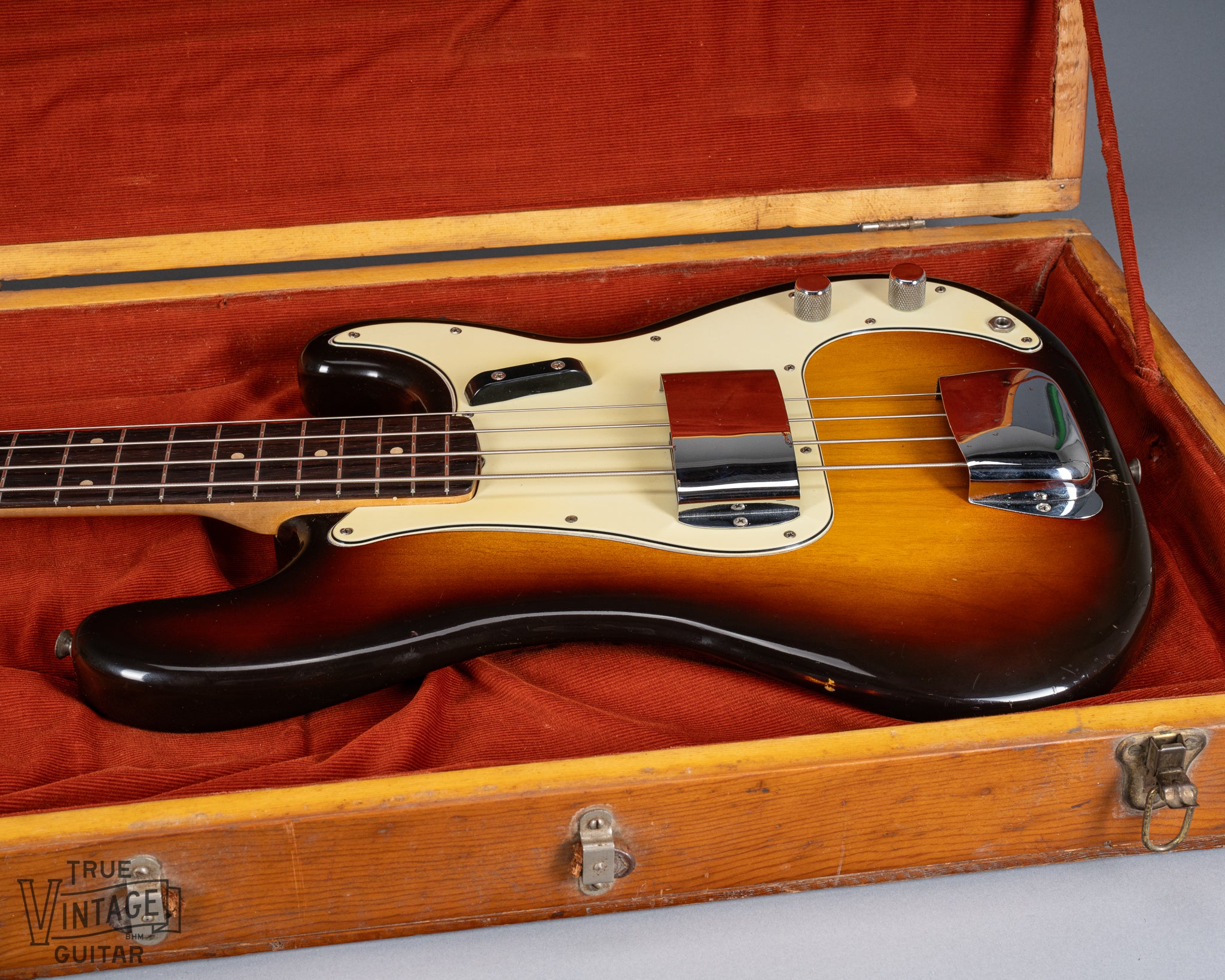 front of 1959 Fender Precision Bass P Bass Sunburst body in custom case Three Layer Nitrate Mint Pick Guard