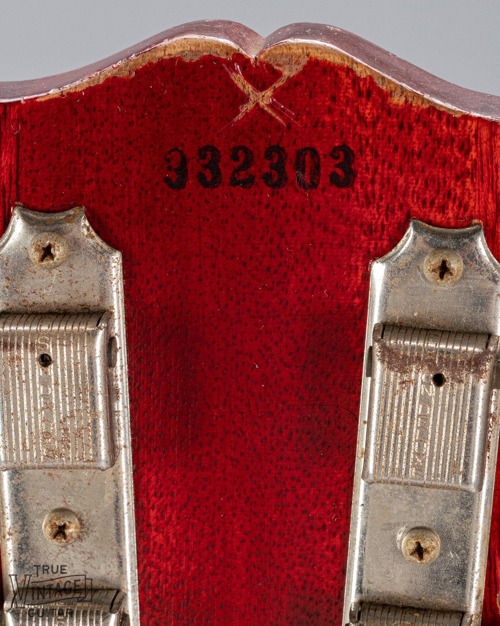 back of 1959 Gibson Les Paul Junior cherry guitar tuning machines tuner buttons serial number neck and headstock