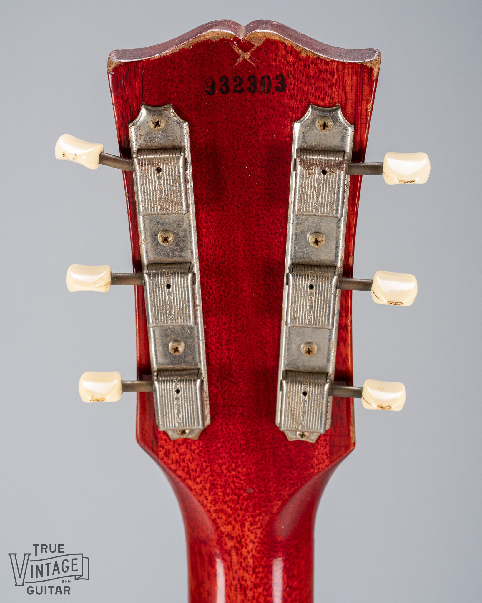 back of 1959 Gibson Les Paul Junior cherry guitar tuning machines tuner buttons serial number neck and headstock