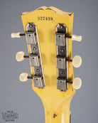 Back of 1959 Gibson Les Paul TV Model headstock, Logo, TV yellow, tuning machines, tuner buttons, serial number