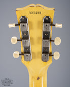 Back of 1959 Gibson Les Paul TV Model headstock, Logo, TV yellow, tuning machines, tuner buttons, serial number