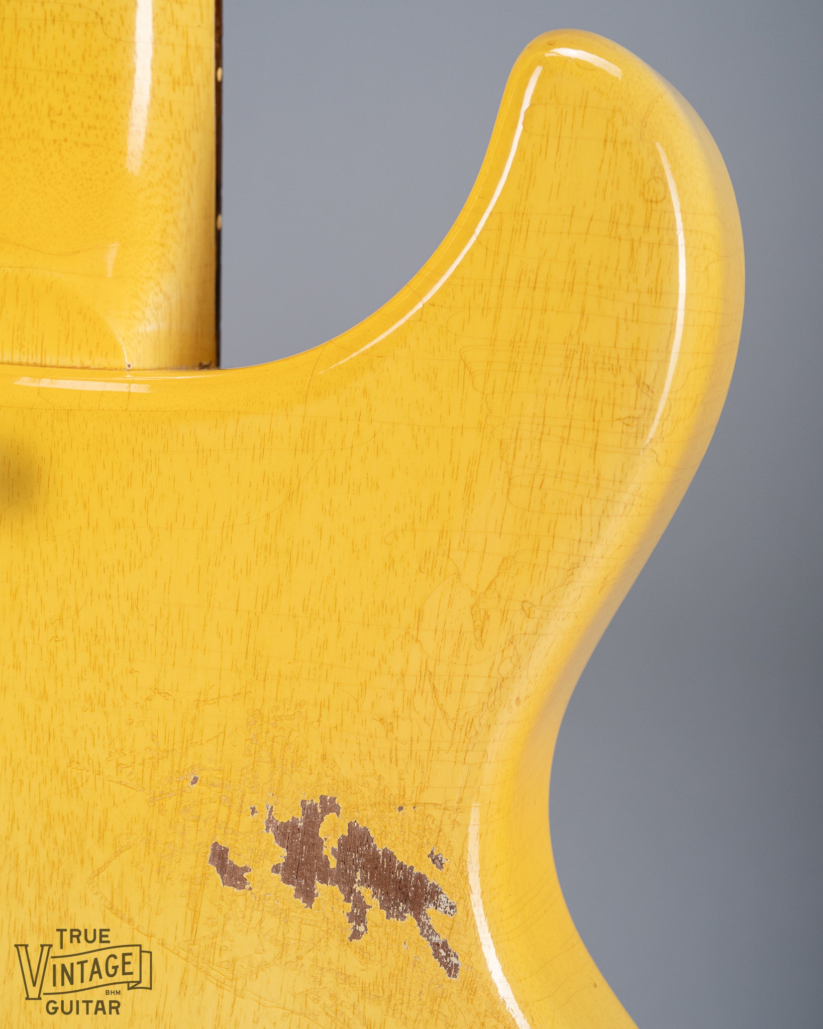 Back of 1959 Gibson Les Paul TV Model body, neck, tortoise pick guard, dog ear p90, double cutaway, TV yellow, horn