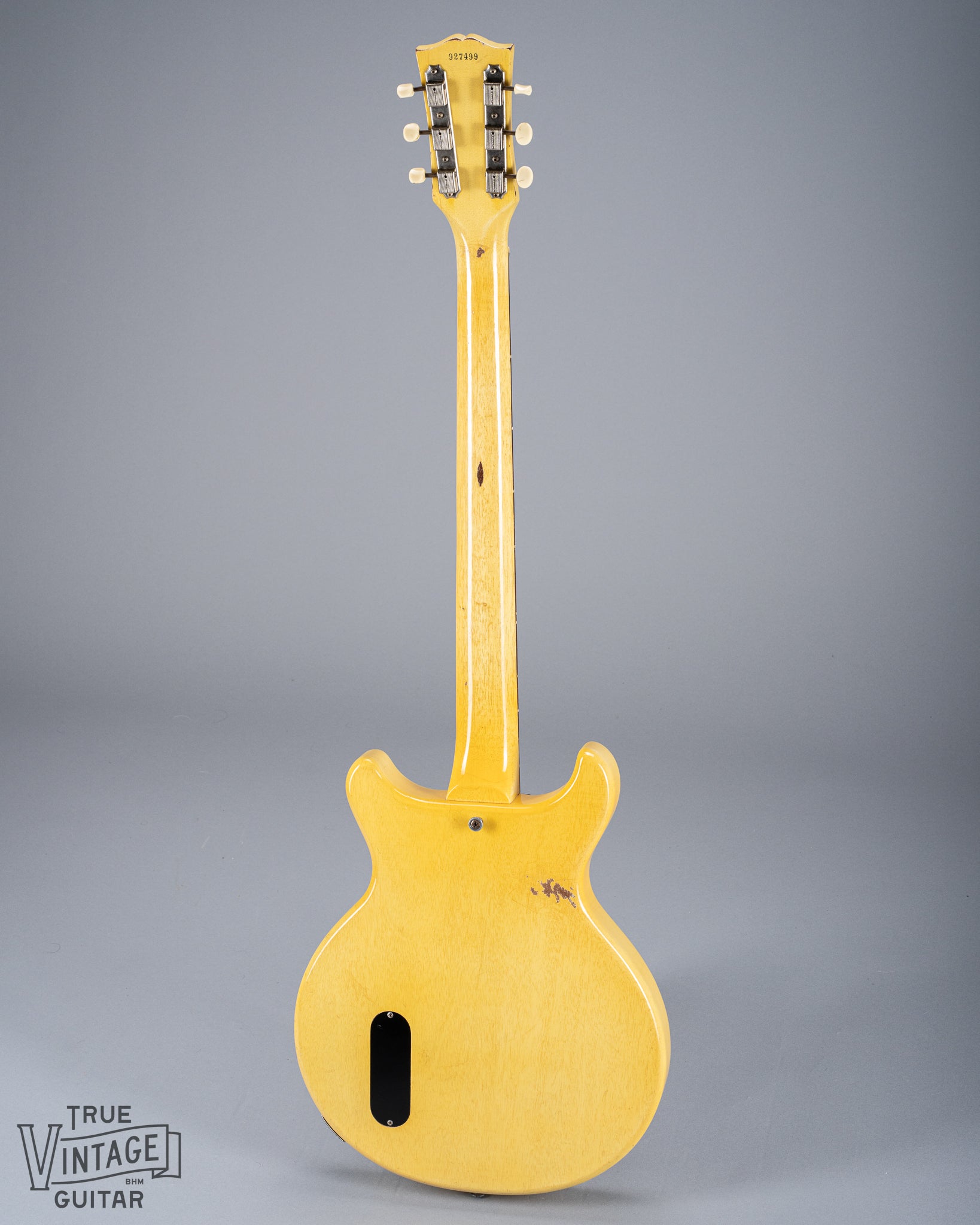 Full back of 1959 Gibson Les Paul TV Model body, neck, headstock, tortoise pick guard, dog ear p90, double cutaway, TV yellow, serial number, tuning machines, tuner buttons