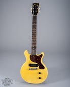 Full front of 1959 Gibson Les Paul TV Model body, neck, headstock, tortoise pick guard, dog ear p90, double cutaway, TV yellow