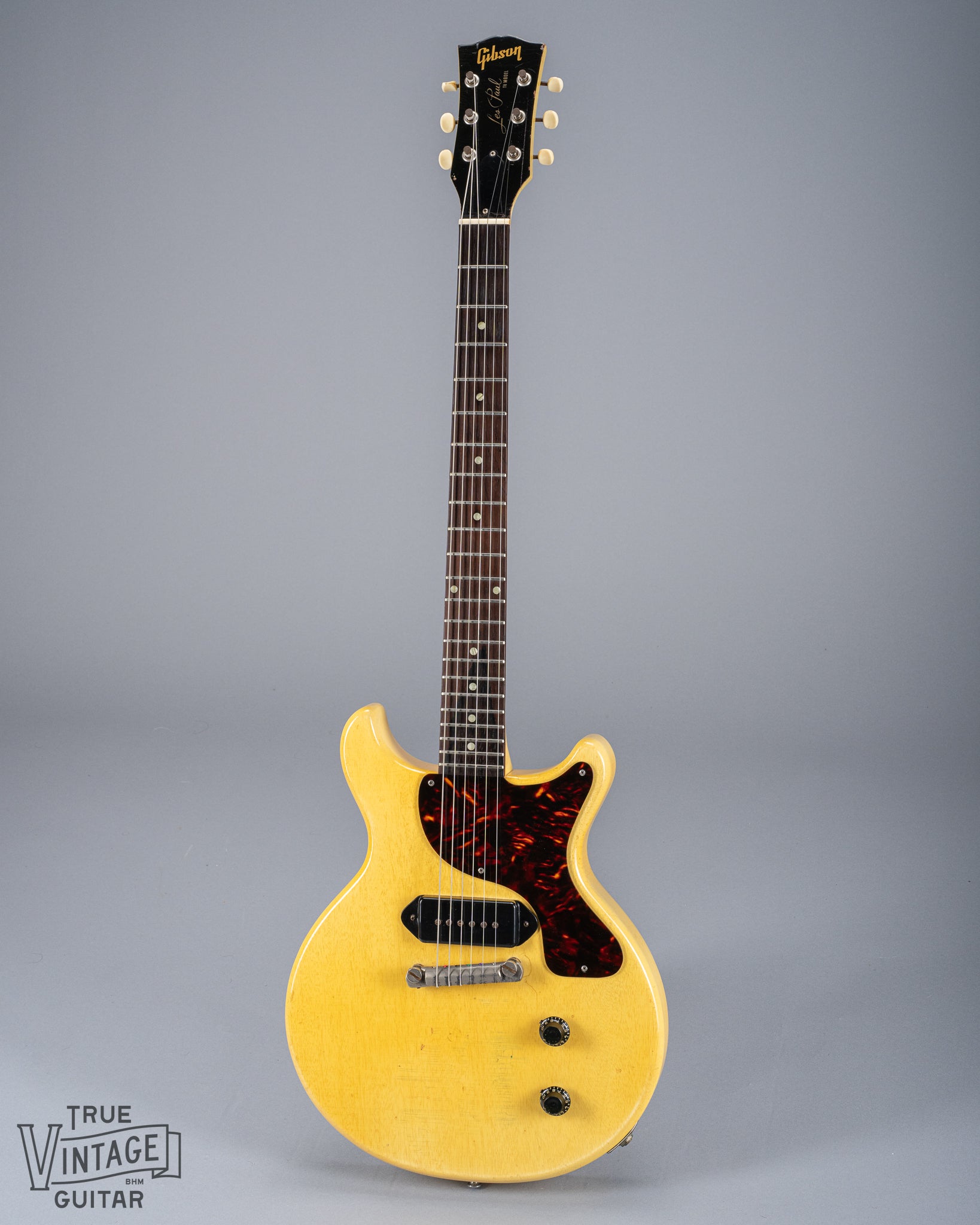 Full front of 1959 Gibson Les Paul TV Model body, neck, headstock, tortoise pick guard, dog ear p90, double cutaway, TV yellow