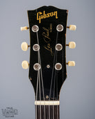 Front of 1959 Gibson Les Paul TV Model headstock, Logo, TV yellow, tuning machines, tuner buttons