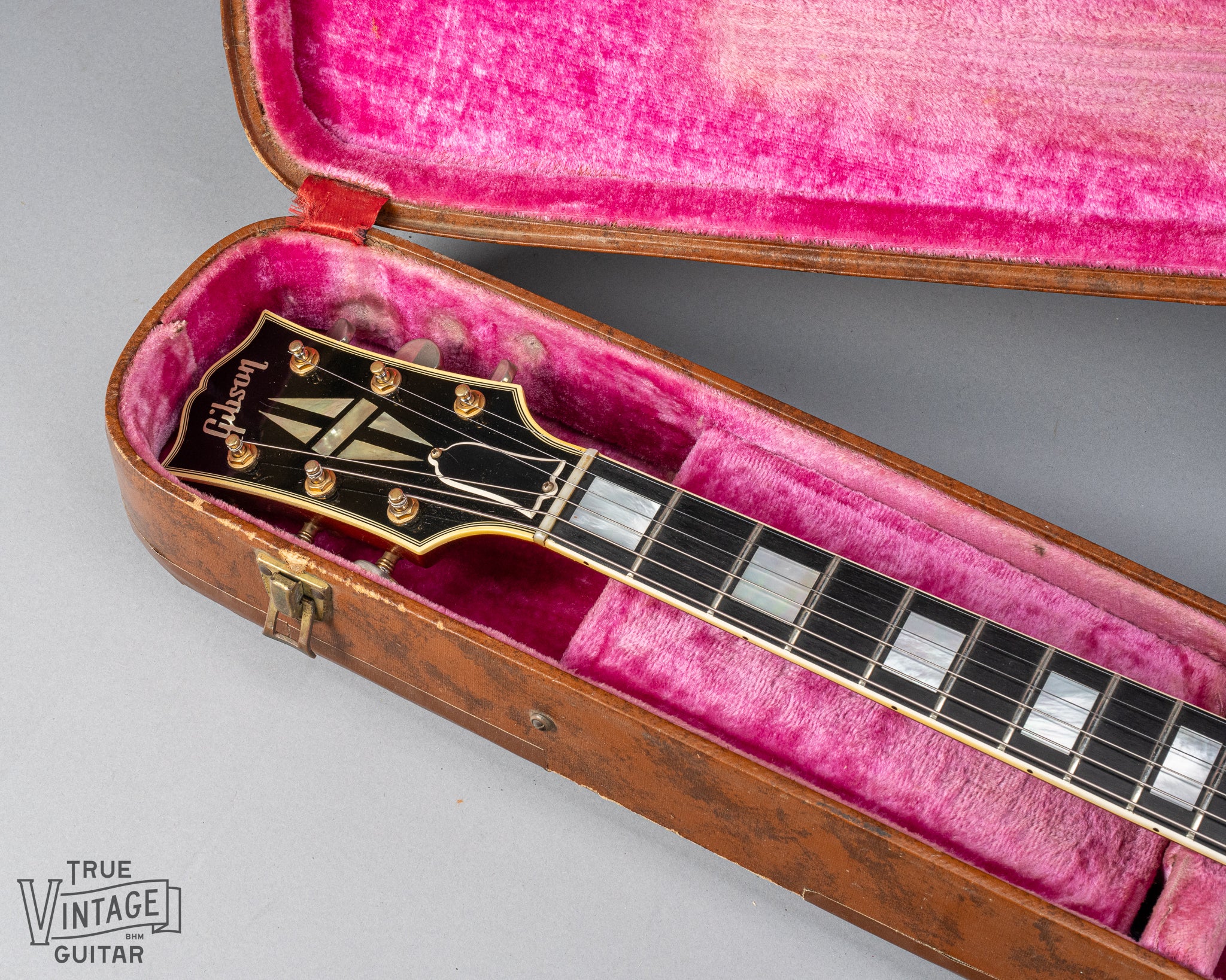 1959 Gibson ES-355 T Mono Cherry Watermelon red guitar headstock and neck in original case