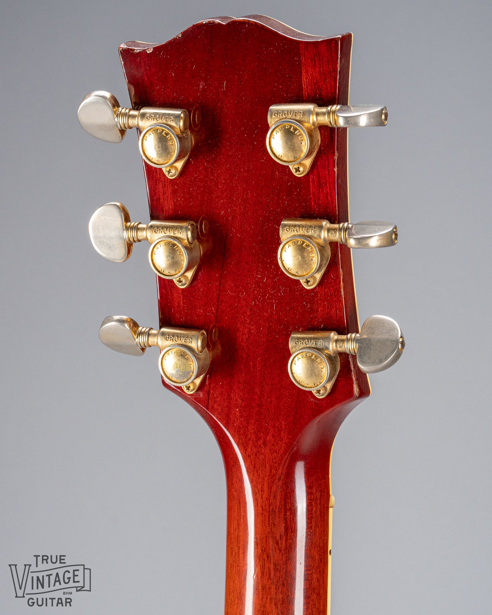 1959 Gibson ES-355 T Mono Cherry Watermelon red guitar back of headstock