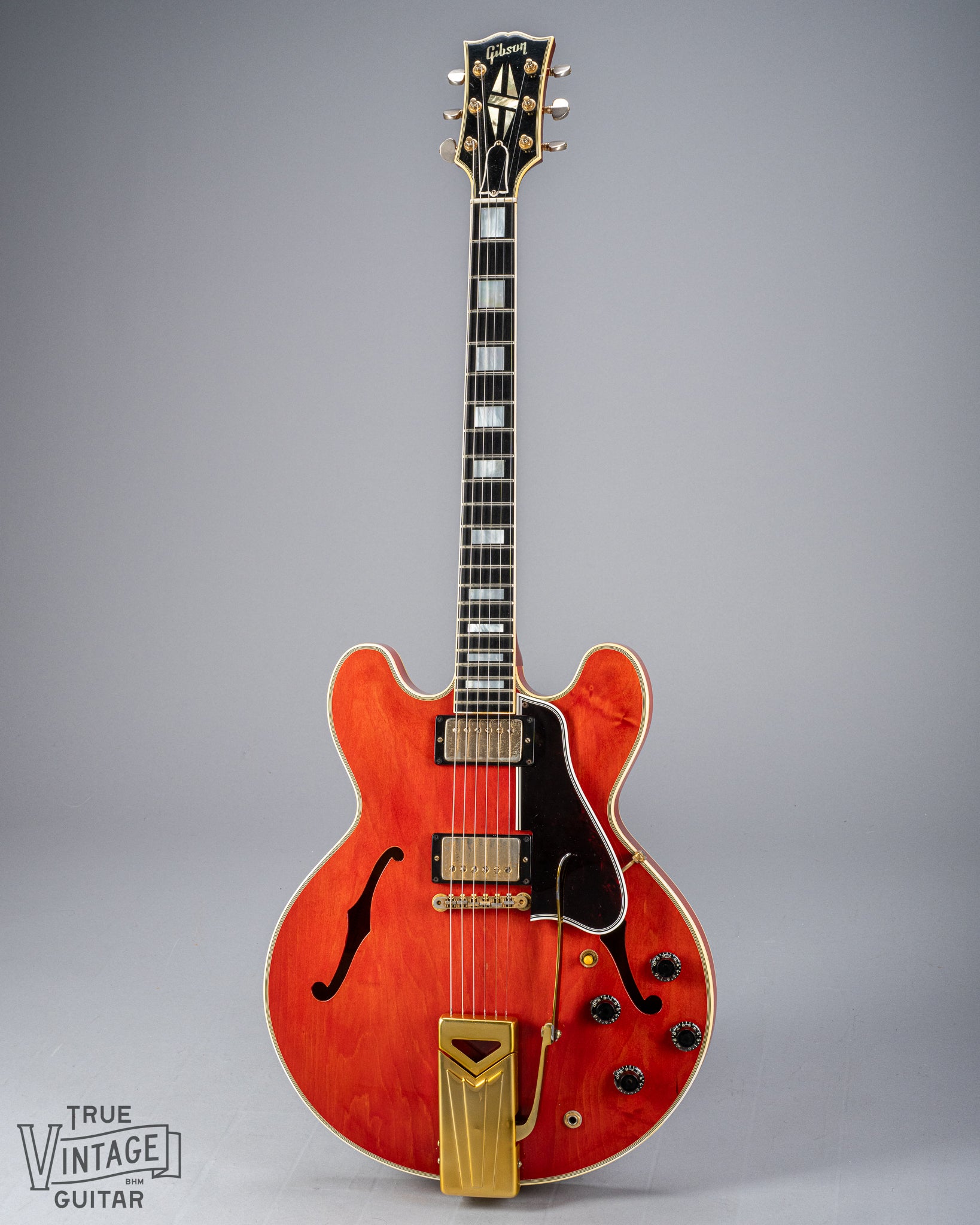 1959 Gibson ES-355 T Mono Cherry Watermelon red guitar body neck and headstock gold hardware sideways vibrola 