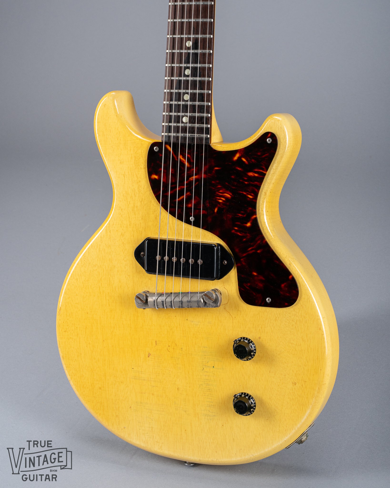 Full front of 1959 Gibson Les Paul TV Model body, neck, tortoise pick guard, dog ear p90, double cutaway, TV yellow