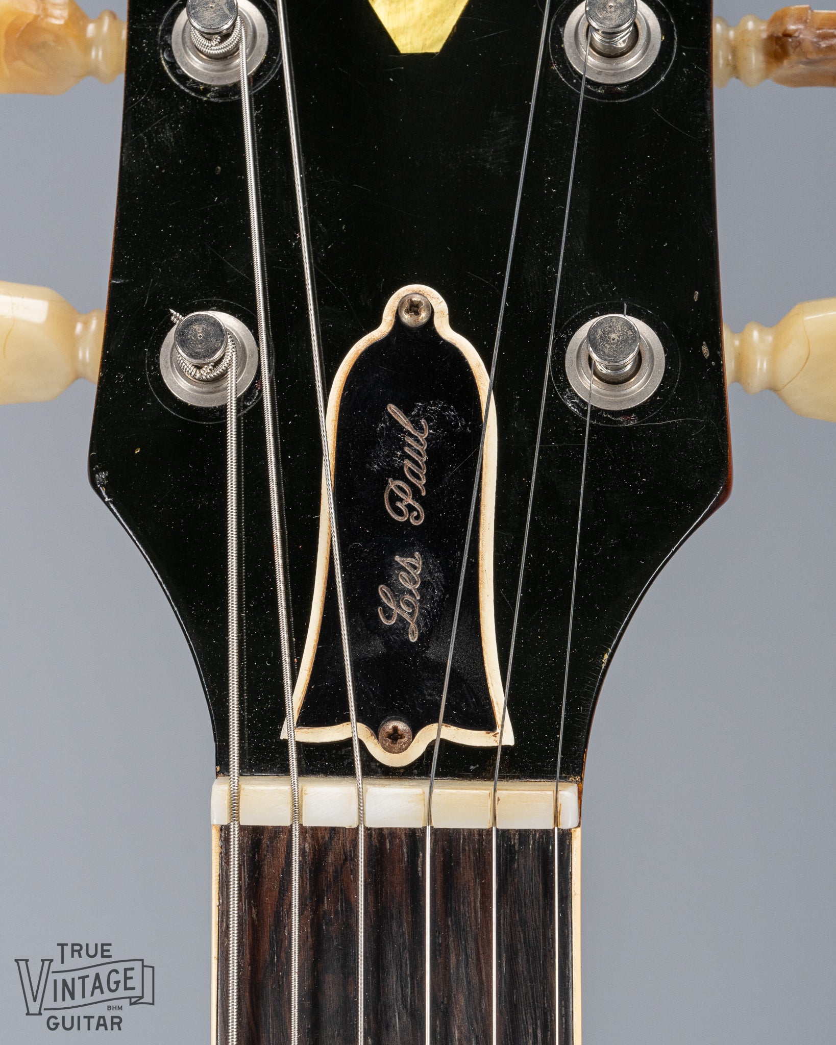 Front of 1961 Gibson Les Paul Standard Cherry Neck and Headstock Nut Original Tuners Logo Truss Rod Cover