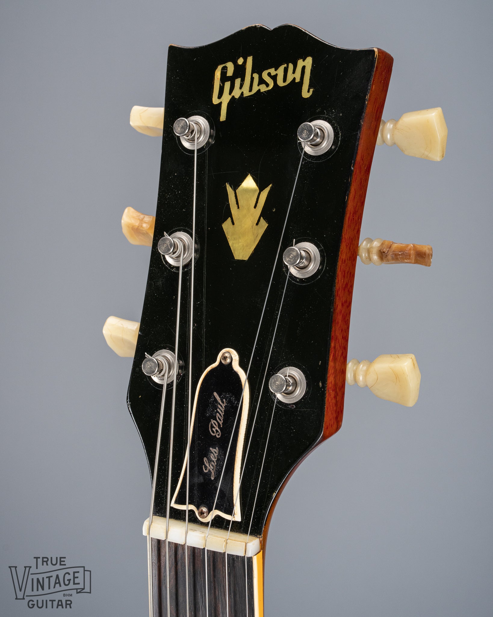 Front of 1961 Gibson Les Paul Standard Cherry Neck and Headstock Nut Original Tuners Logo Truss Rod Cover