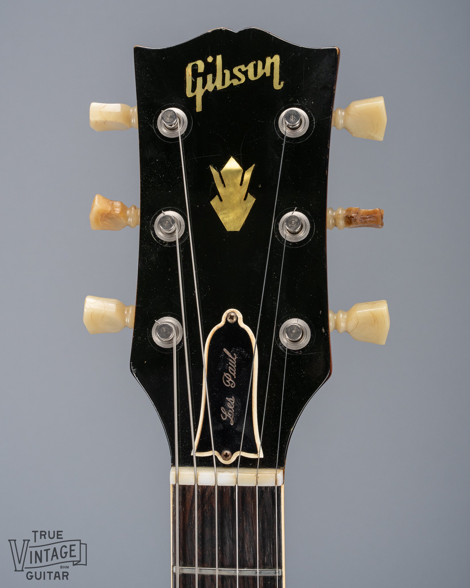 Front of 1961 Gibson Les Paul Standard Cherry Neck and Headstock Nut Original Tuners Logo Truss Rod Cover