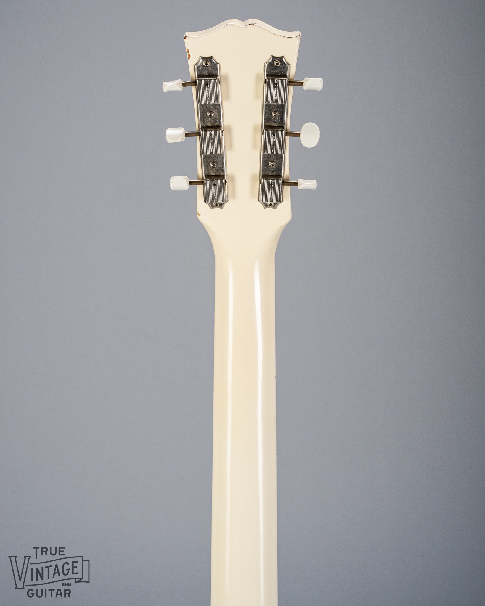 back of 1962 Gibson SG Special white guitar neck headstock tuners