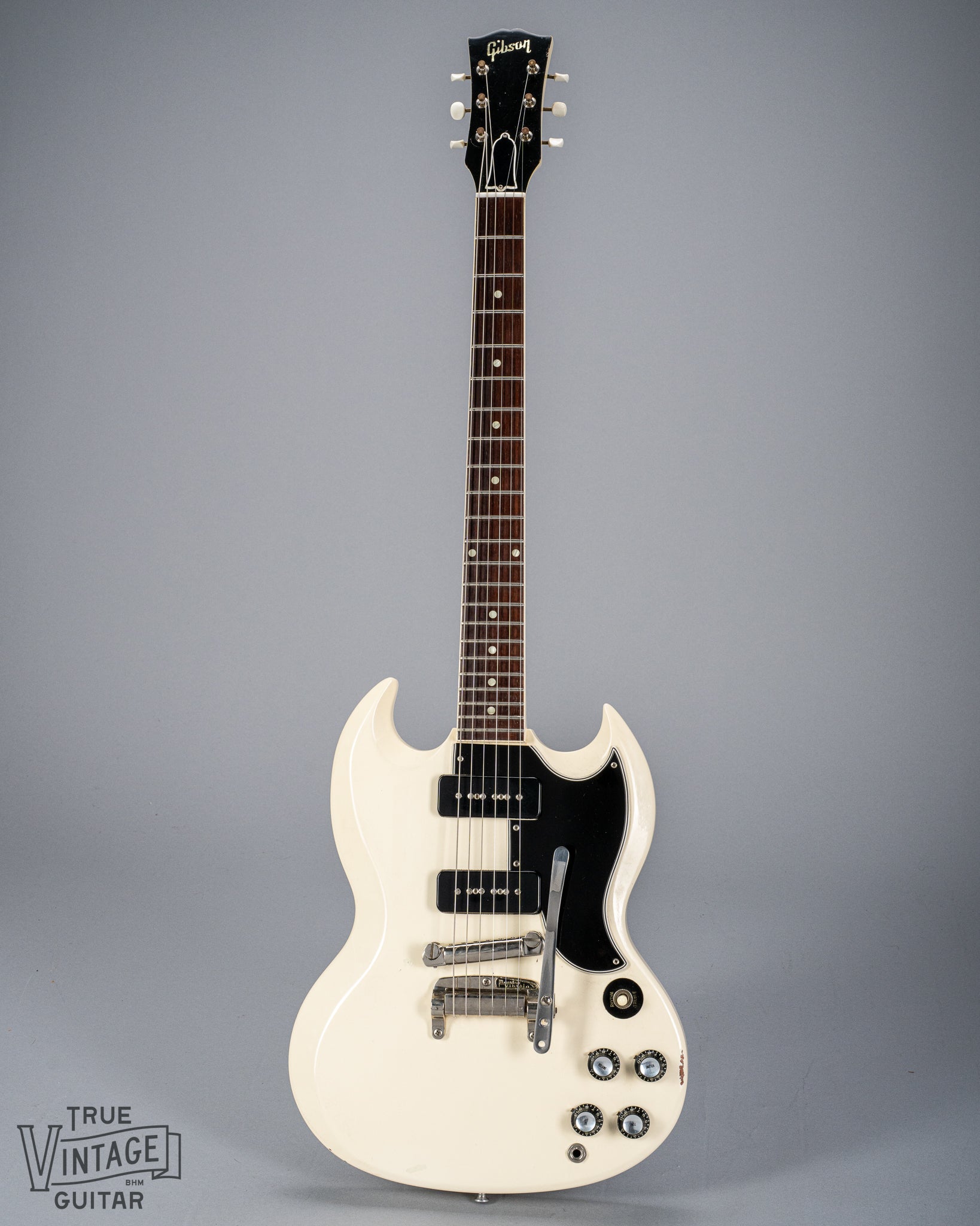 Front of 1962 Gibson SG Special white guitar body neck and headstock p90s maestro vibrola 