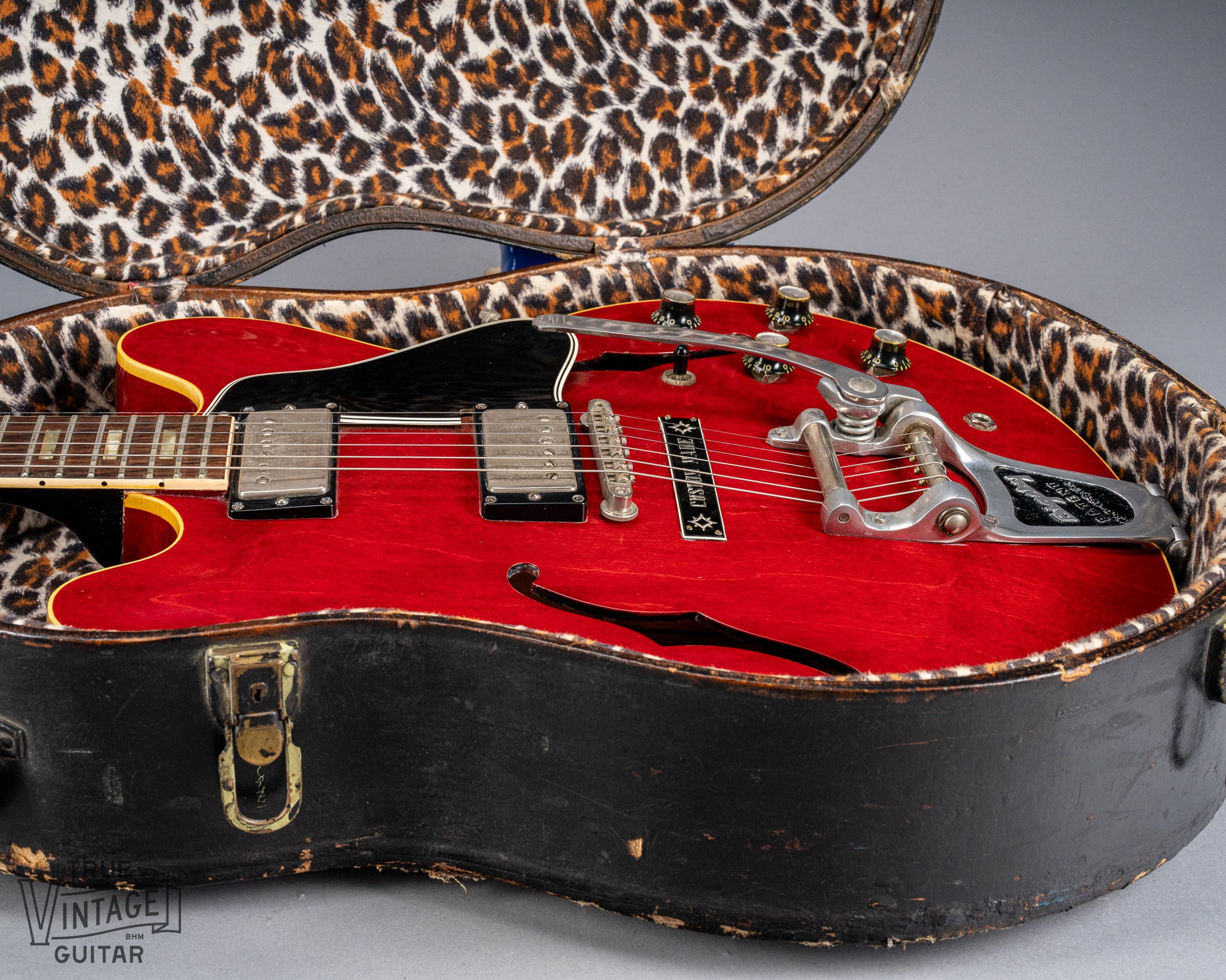 Gibson 1963 ES-335 Cherry red guitar body Bigsby in cheetah print hardshell case