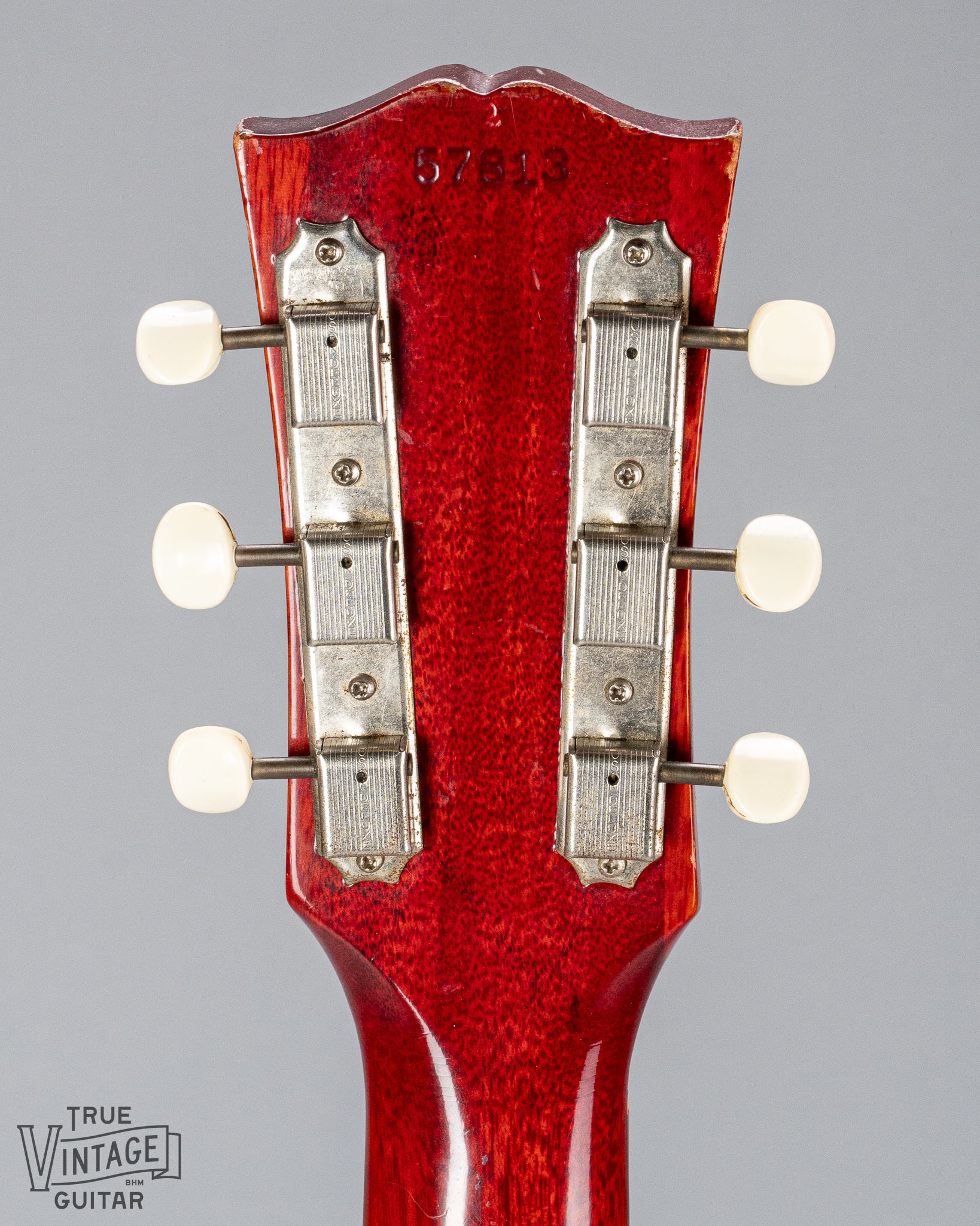 back of Gibson Les Paul Junior Cherry red guitar tuners and serial number