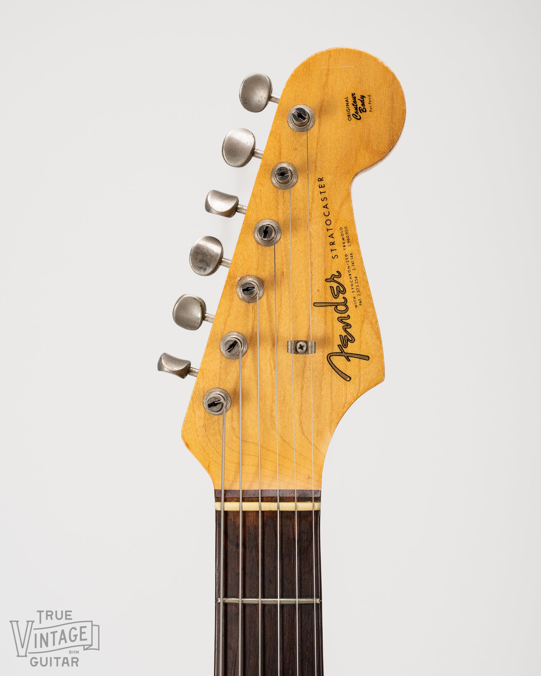 Headstock of 1963 Fender Stratocaster Lake Placid Blue with spaghetti logo