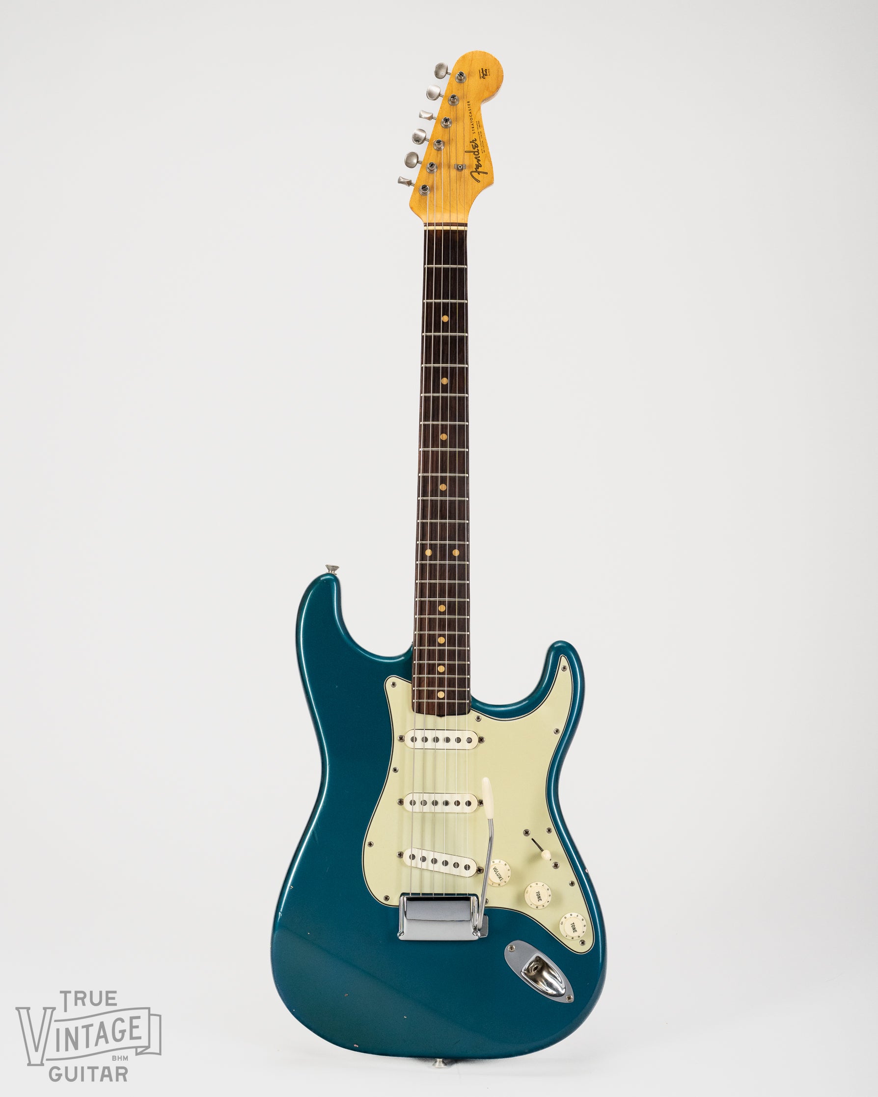 Front of original 1963 Fender Stratocaster Lake Placid Blue custom color