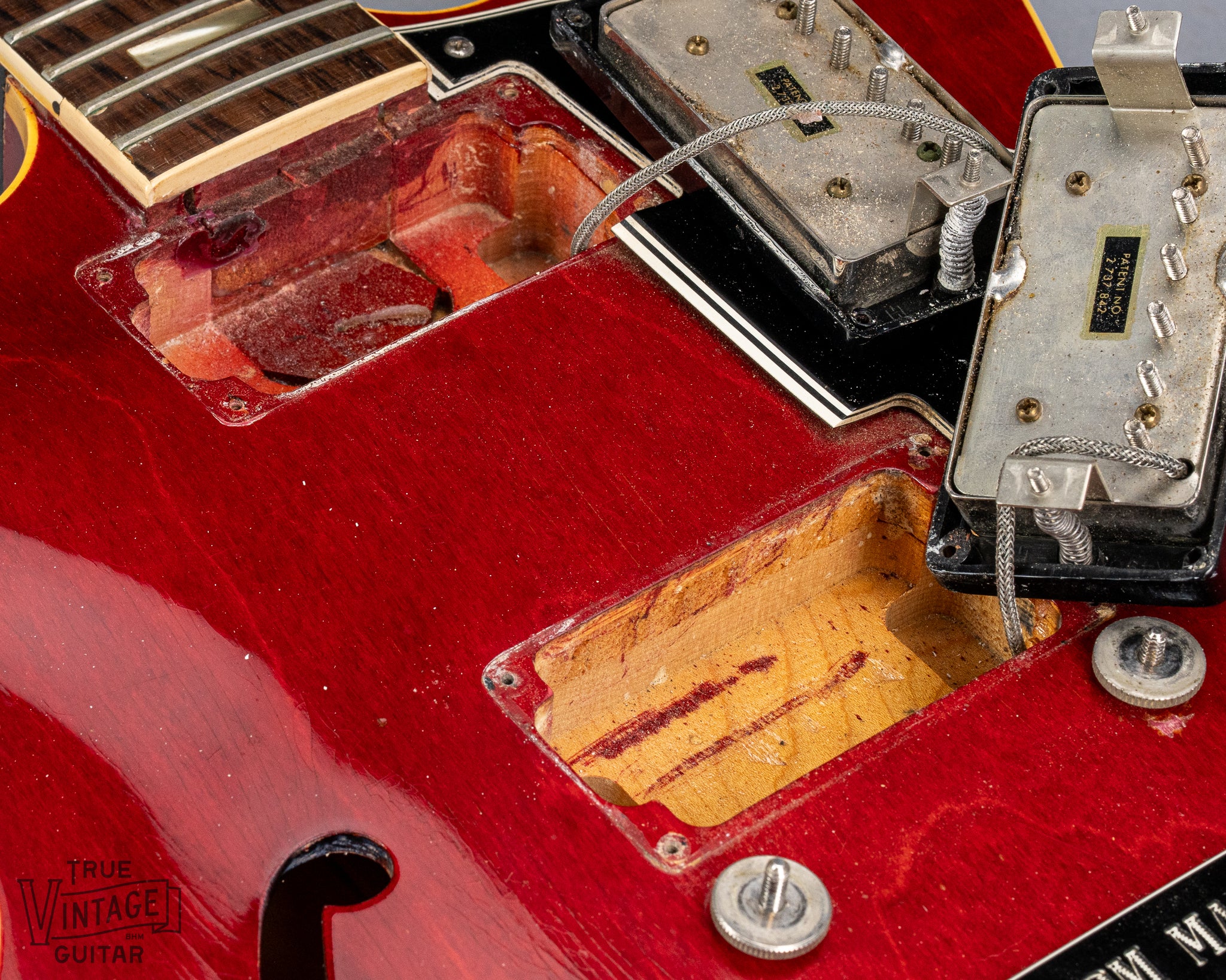 Gibson 1963 ES-335 Cherry red guitar patent number pickups pickup cavities