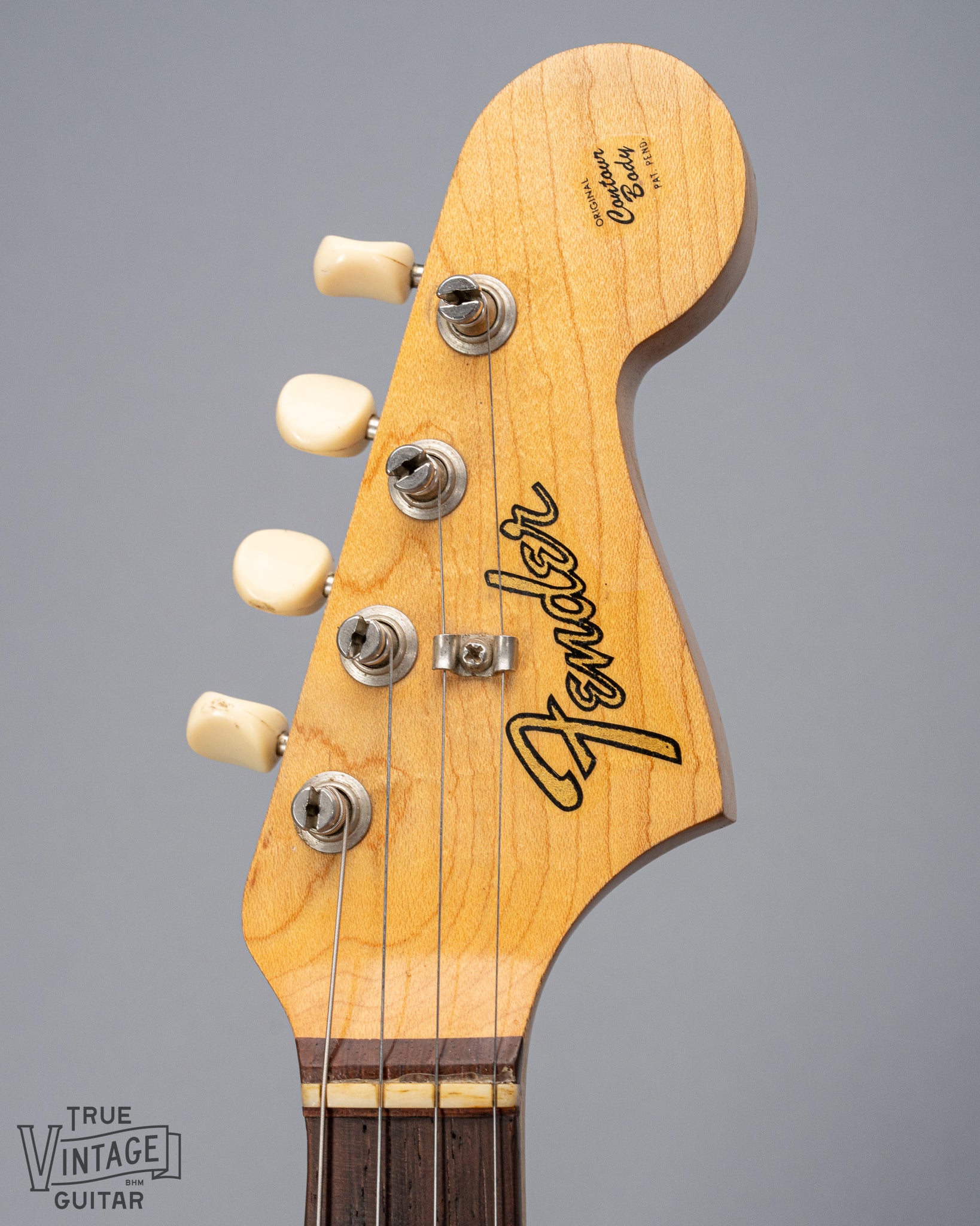 Front of 1965 Fender Electric Mandolin Sunburst guitar mandolin headstock and Fender logo