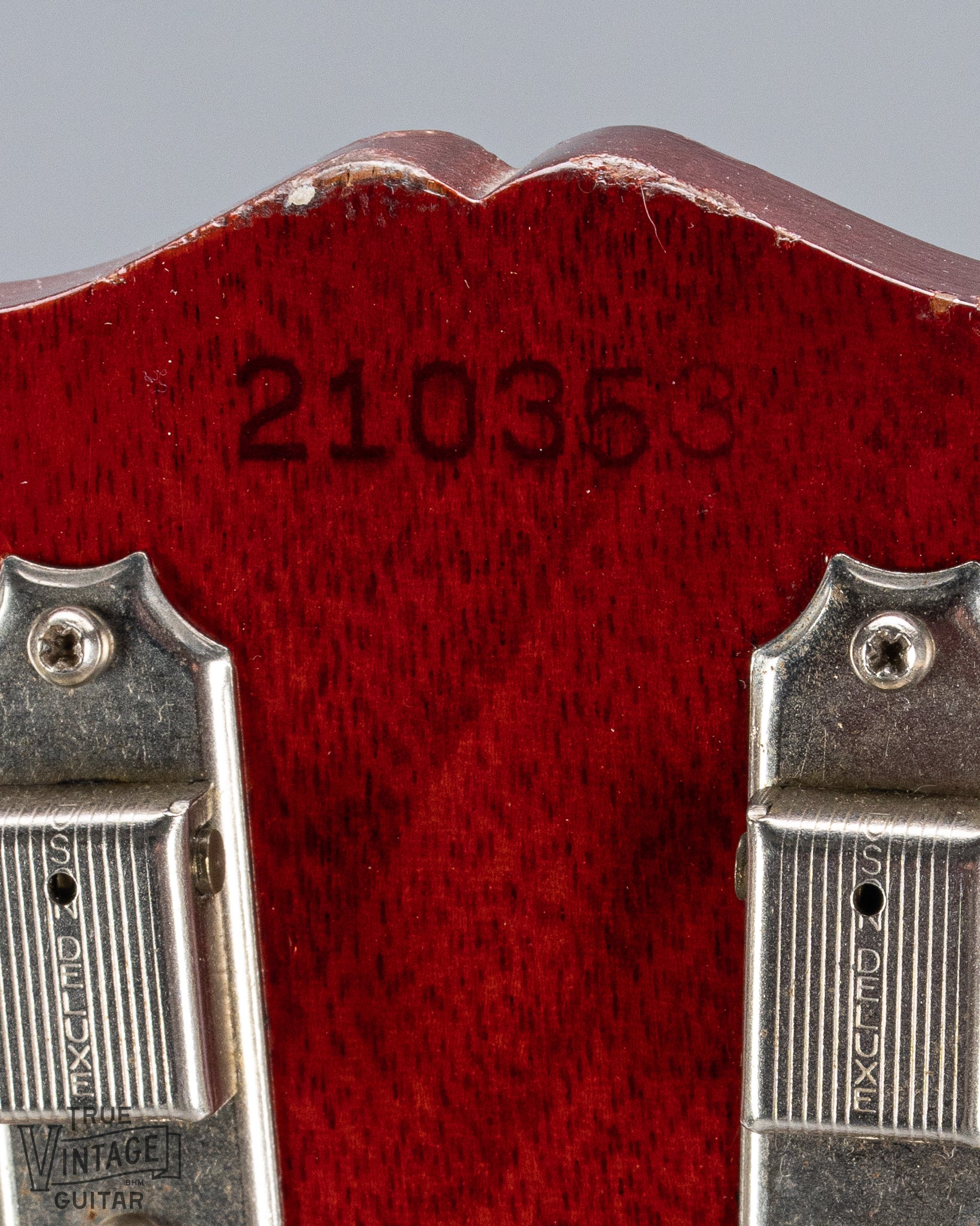 Back of 1964 Gibson SG Junior Cherry guitar neck headstock tuning machines tuner buttons serial number