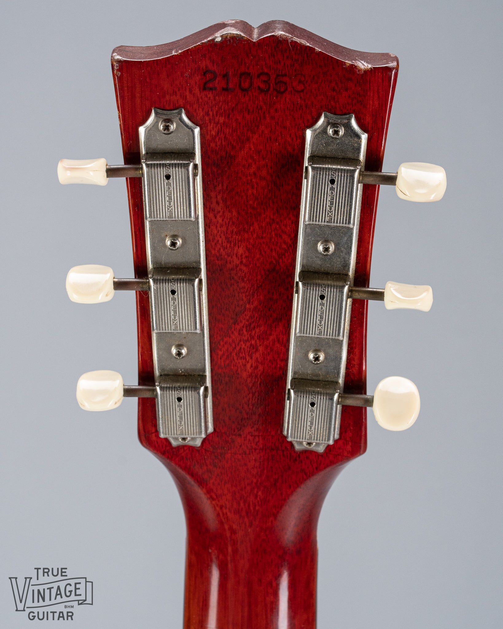 Back of 1964 Gibson SG Junior Cherry guitar neck headstock tuning machines tuner buttons serial number