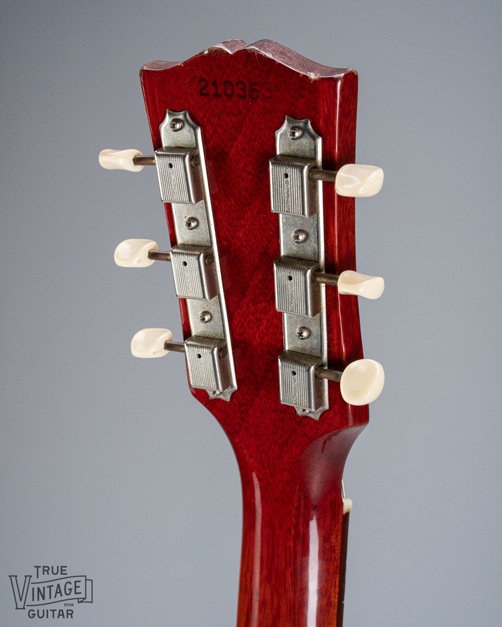 Back of 1964 Gibson SG Junior Cherry guitar neck headstock tuning machines tuner buttons serial number