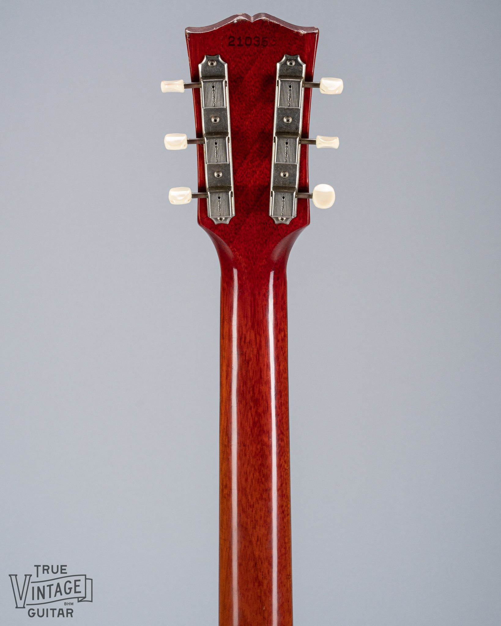 Back of 1964 Gibson SG Junior Cherry guitar neck headstock tuning machines tuner buttons serial number