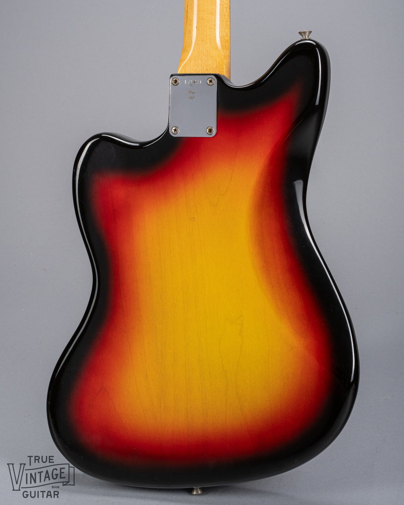 back of 1965 Fender Jazzmaster sunburst guitar body neck plate L serial number
